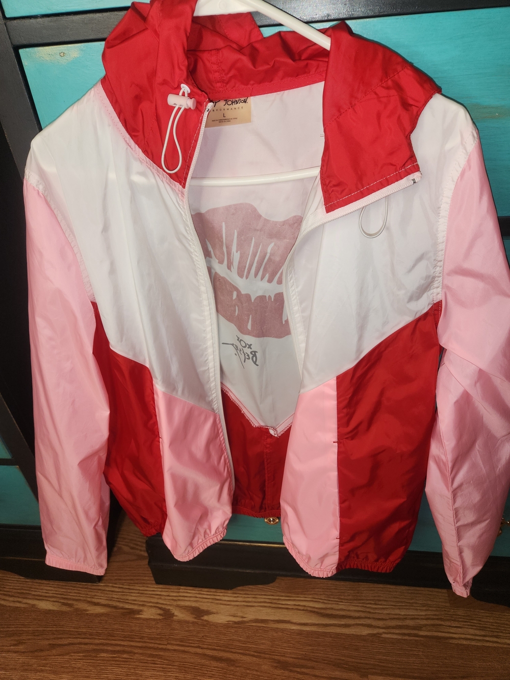 Betsey Johnson Red, Pink & White Colorblock Windbreaker Jacket